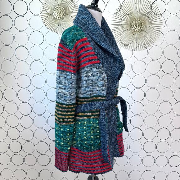 VTG Sears JR Bazaar Knit Cardigan Sweater M Colorful Hearts Striped School Twee - Picture 2 of 12